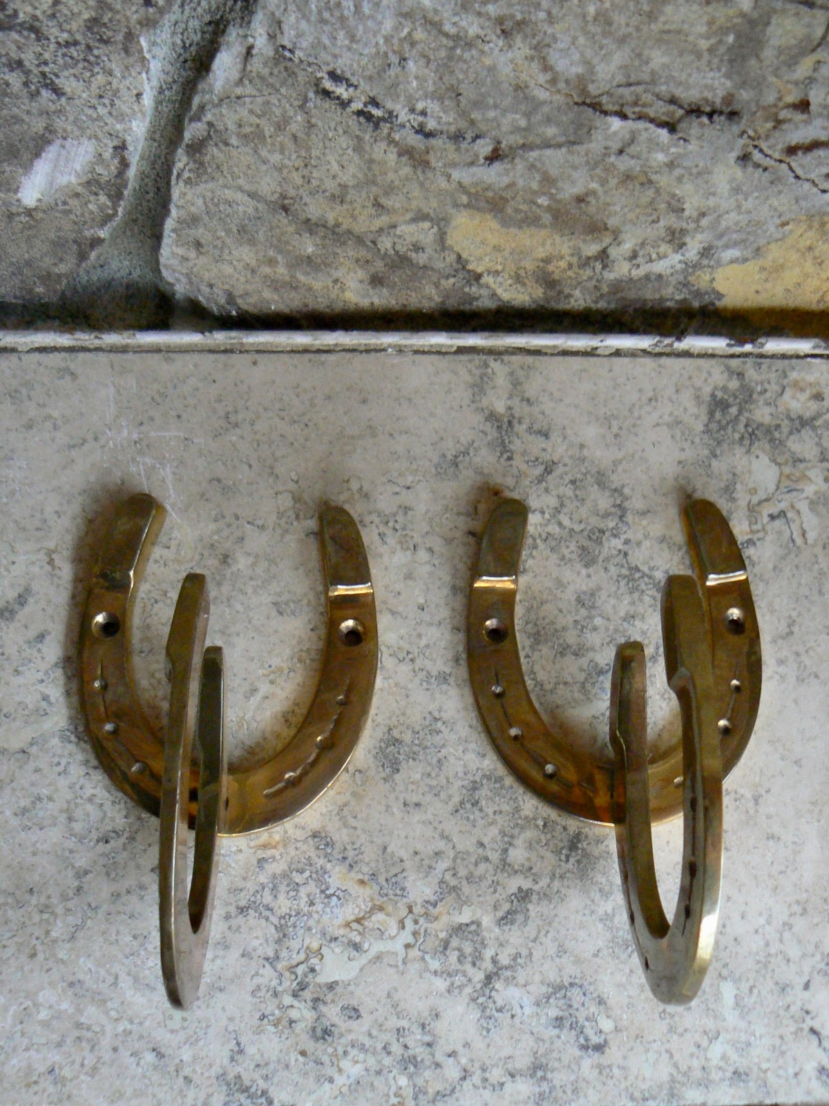 Two Pairs Vintage Brass Equestrian Tack Room Hooks for Bridle Halter Reins Leads