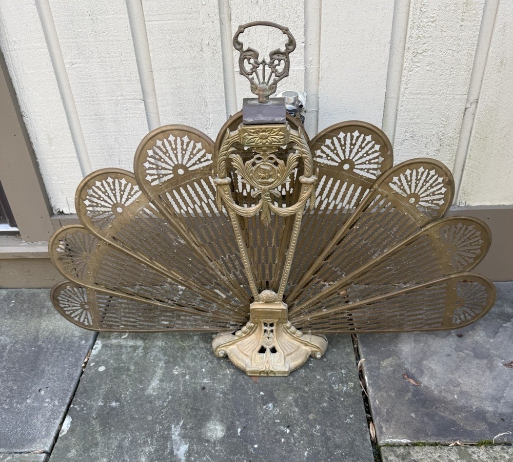 Vintage MCM Deco Solid Brass Peacock Fan Folding Fireplace Screen - Wow !