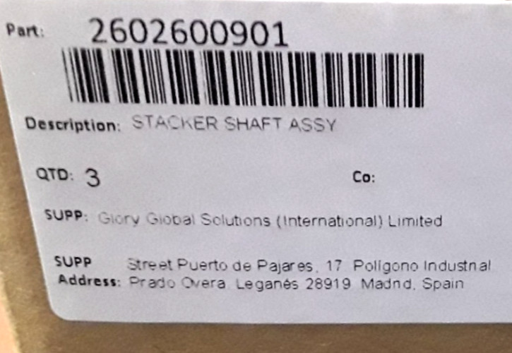 QTY 3 | Glory | PN: 2602600901 | Stacker Shaft Assembly