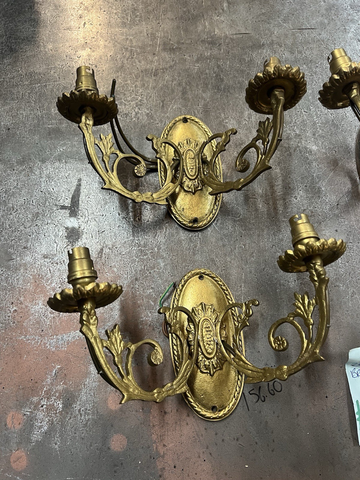 Set of 4 Antique Victorian Brass Double Arm Wall Sconces NOS Vintage Bundle/Set