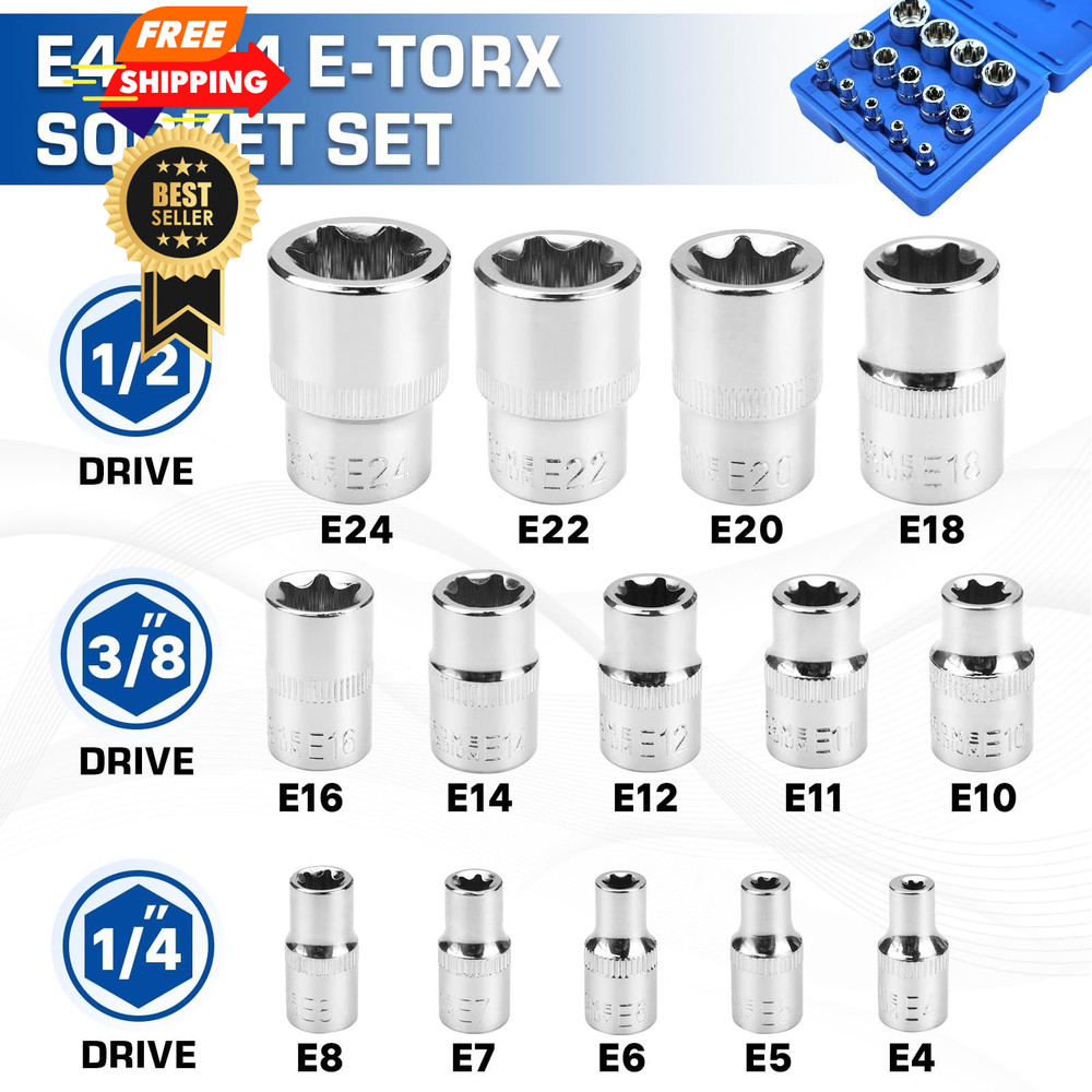14-Piece Female E-Torx Socket Set, E4-E24 External Star Sockets, 1/4" 3/8"...