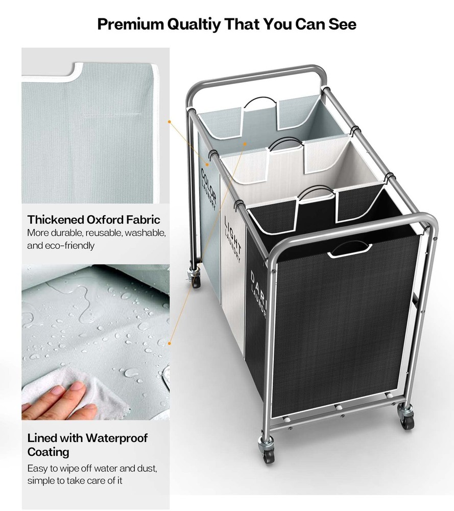 ROMOON Laundry Sorter, 3-Section Laundry Hamper with Wheels, Rolling Laundry