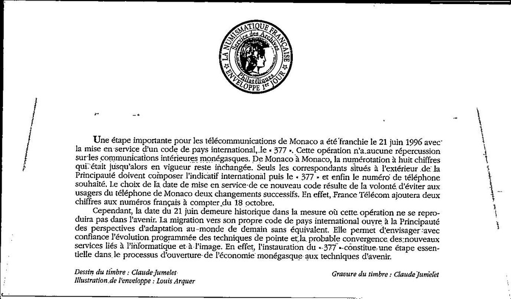 Monaco FDC 1996 377 International Telephone Code - A03185