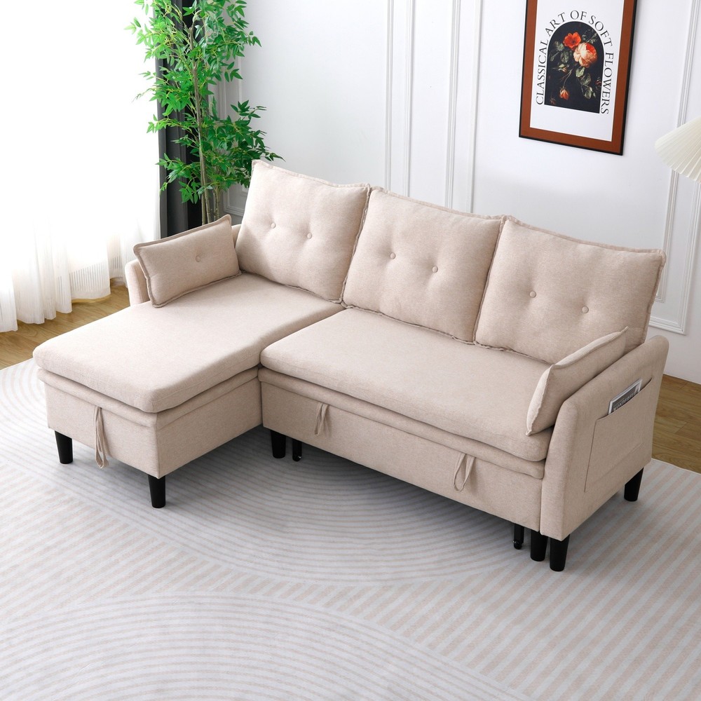 Modern L-Shaped Cotton-Linen Sectional Sleeper Sofa with Pull Out Bed & Storage
