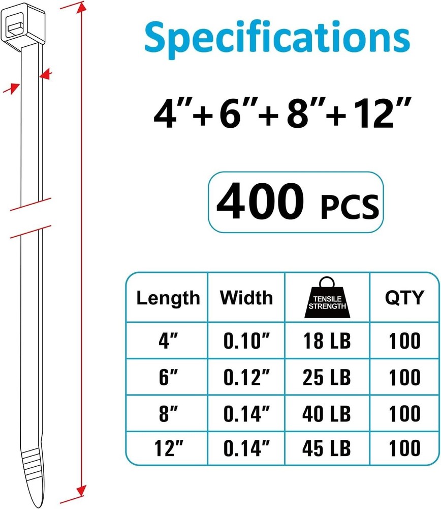 Assorted Zip Ties 400 Pack - Durable, UV Resistant, Various Sizes 4-12 Inch