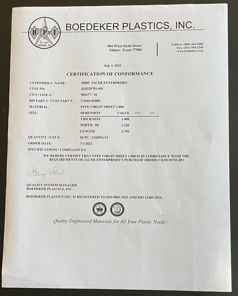 PTFE Virgin Sheet 1.000" Thickness 2.250" Width 5.750" Length- See Description