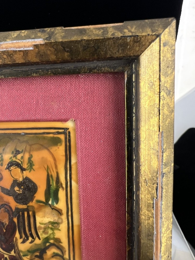 Vtg Middle Eastern Framed Small Hand-Painted Gathering Scene on Camel Bone
