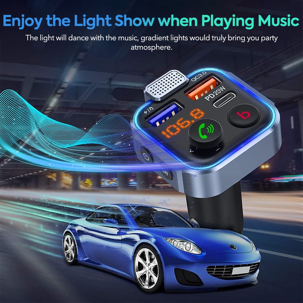 Bluetooth 5.0 Car Wireless FM Transmitter Adapter 2USB PD Charger Hands-Free MP3
