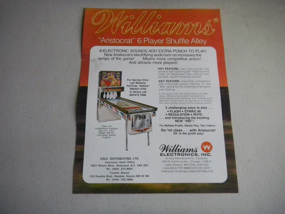 ARISTROCRAT FOLDED   WILLIAMS ARCADE GAME  FLYER