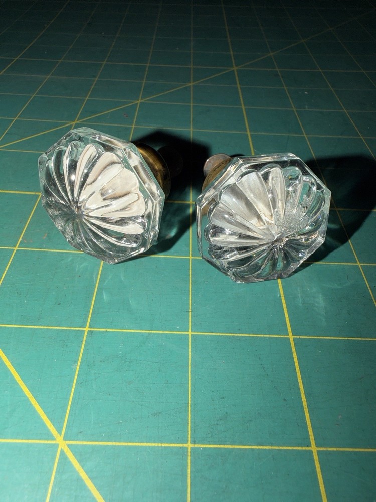 Pair Vintage Glass Drawer Pulls Fluted Sunburst Cabinet Knobs Brass Shank