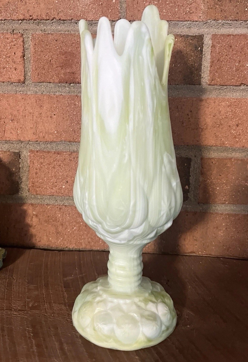 Kanawha Moon And Stars Green Slag Glass Swung Vase End Of Day ~ Rare