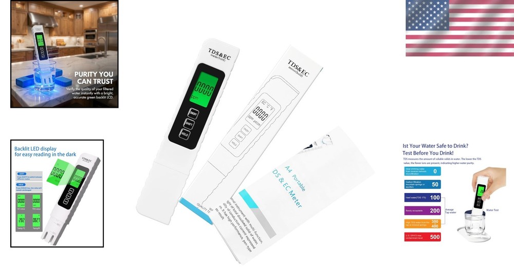Compact Water Testing Kit - 4-in-1 TDS Meter with Backlit Display for Accuracy