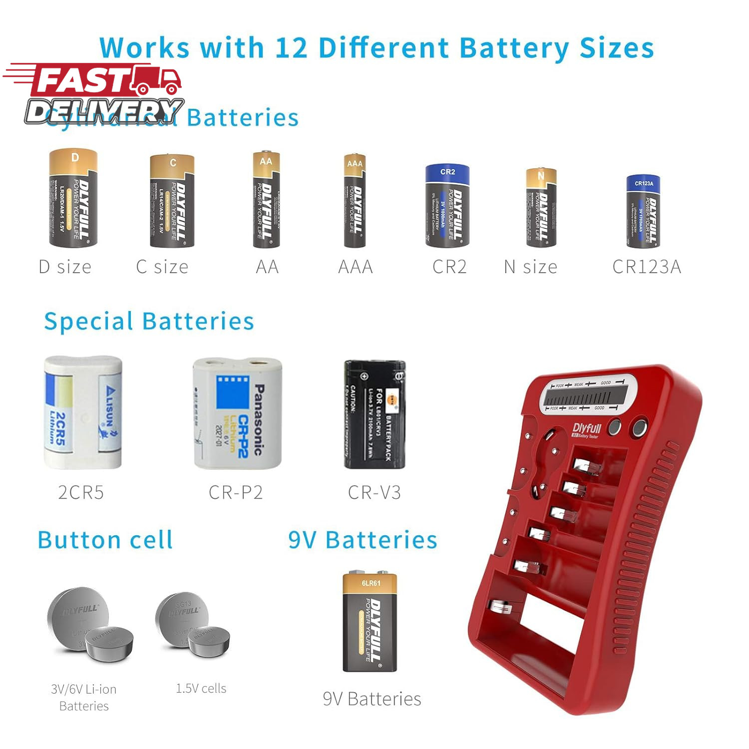 Dlyfull Battery Tester, LCD Display Universal Battery Checker for AA AAA C D 9V