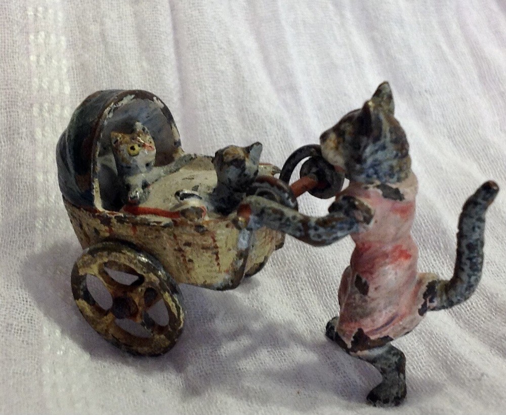 antique Austrian bronze kittens in buggy
