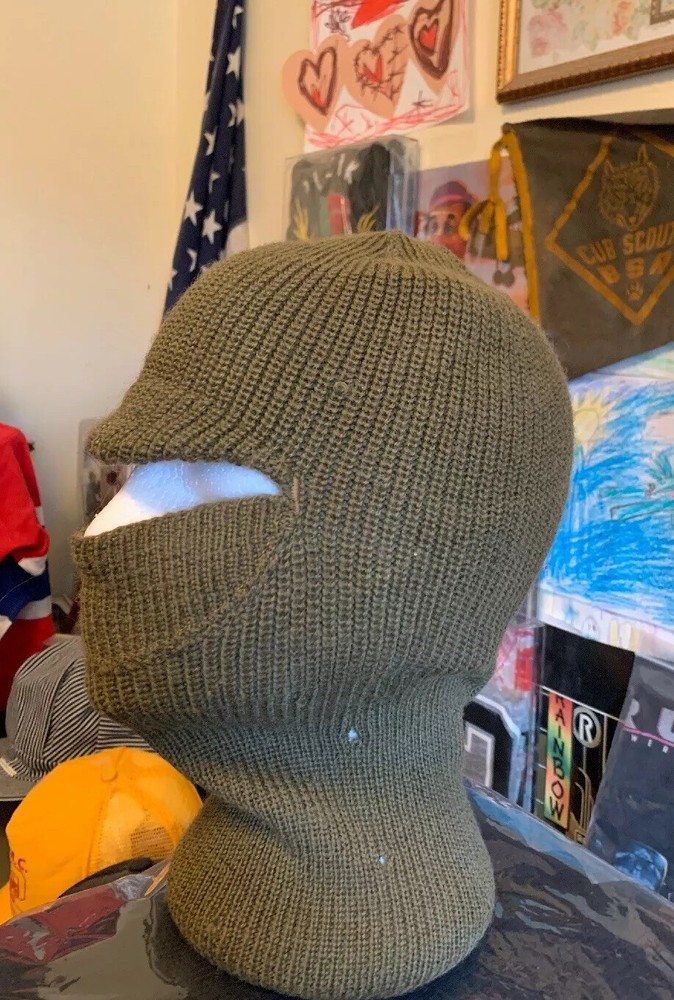 Vintage WWII US ARMY OD Green Wool Full Face Mask Toque Balaclava Watch Cap Rare