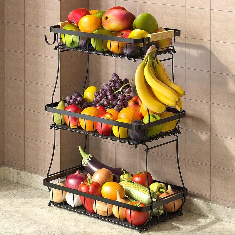 Stackable Fruit Basket W/ Banana Hooks Easy Assembly Durable Kitchen Storage New