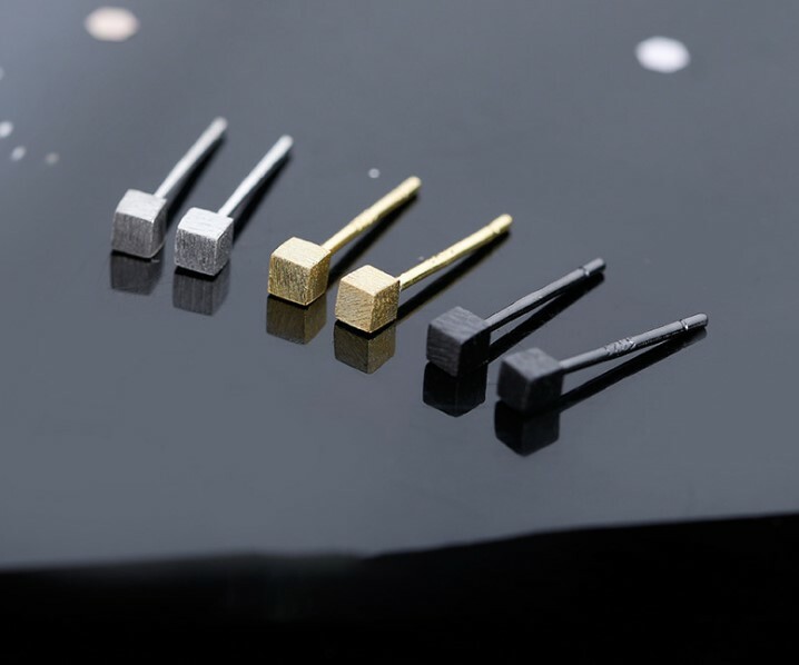 3mm Tiny Brushed Cube Square Stud Earrings 925 Sterling Silver Gift PE18