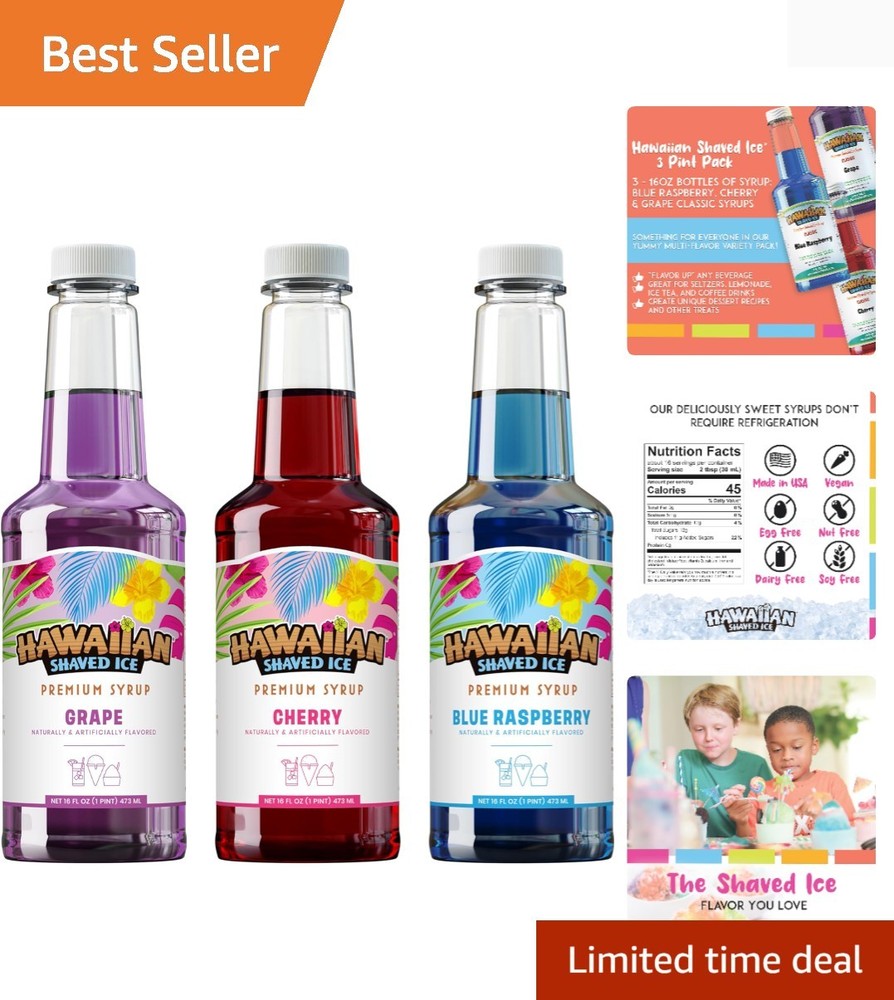 3-Pack Shaved Ice Syrup: Cherry, Grape & Blue Raspberry, No Refrigeration Needed