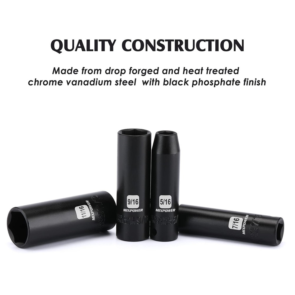 MIXPOWER 12 Pieces 3/8-Inch Drive Deep Impact Socket Set, 5/16" - 1" (Deep)