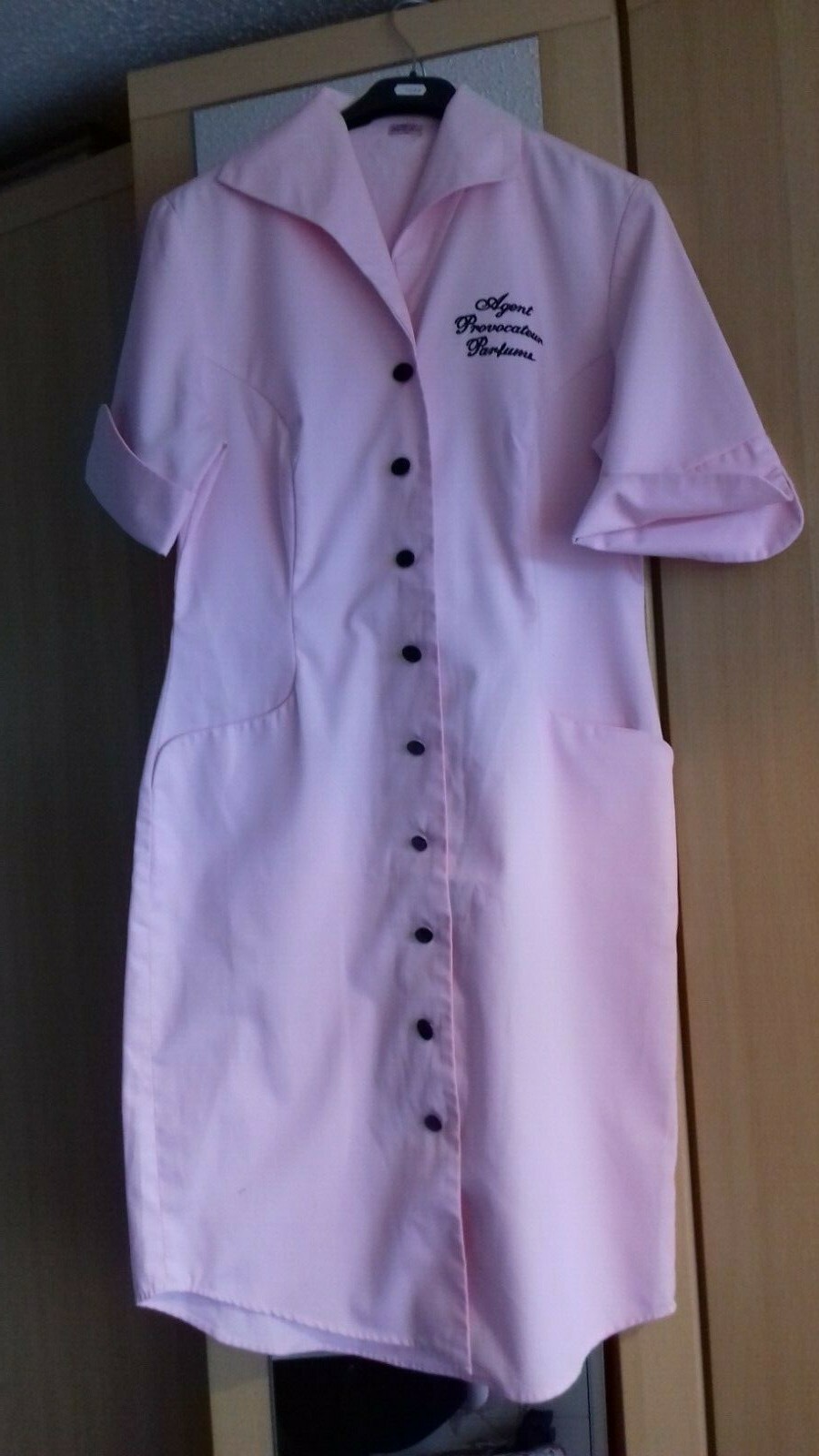 AGENT PROVOCATEUR SEXY NWT PINK UNIFORM DRESS SIZE 12 STAFF BLACK BUTTONS PARFUM