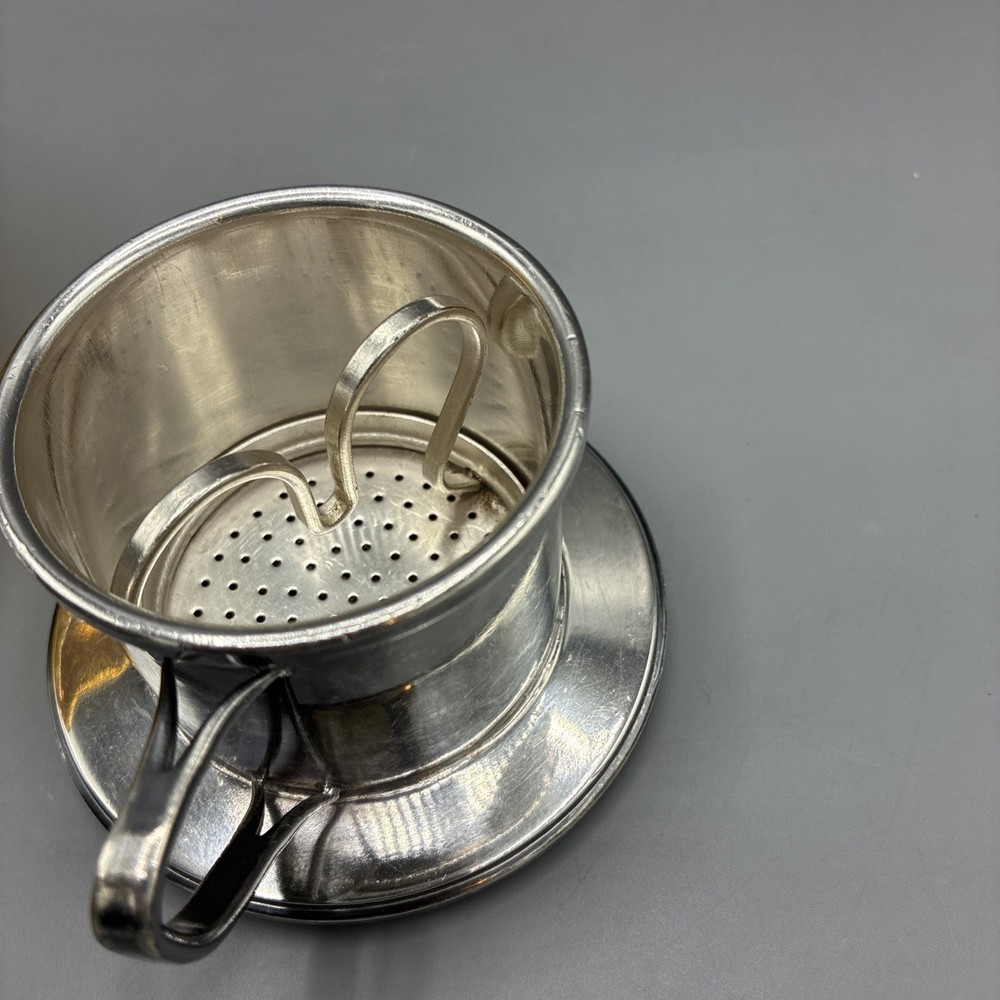 Silver Plate Tea Strainer Press Cup Handle Lid 3pc Marked