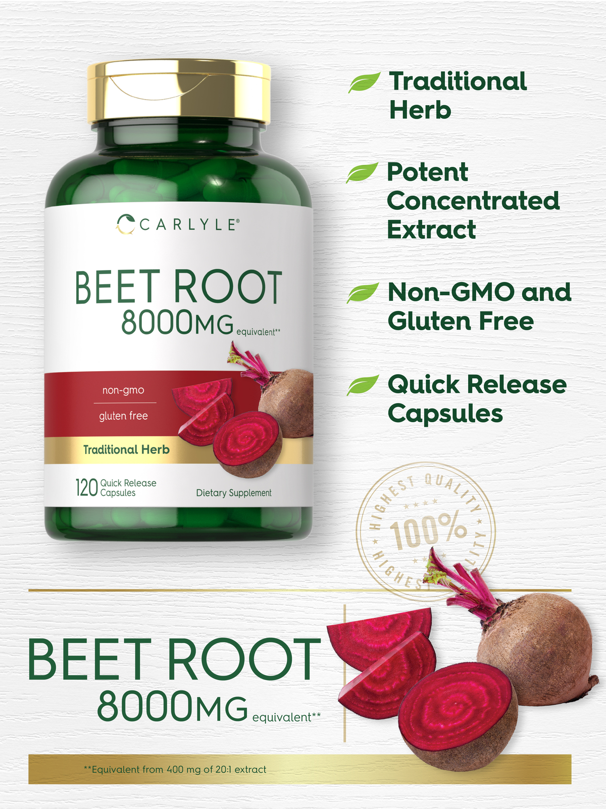 Beet Root Capsules | 8000mg | 120 Count | Non-GMO, Gluten Free | by Carlyle