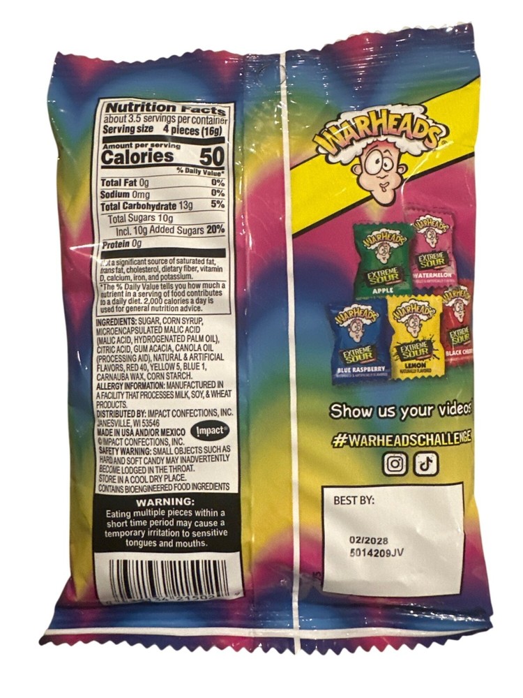 2 x Mega Warheads Sour Candy Apple, Cherry, Raspberry, Watermelon, Lemon 2 oz ea