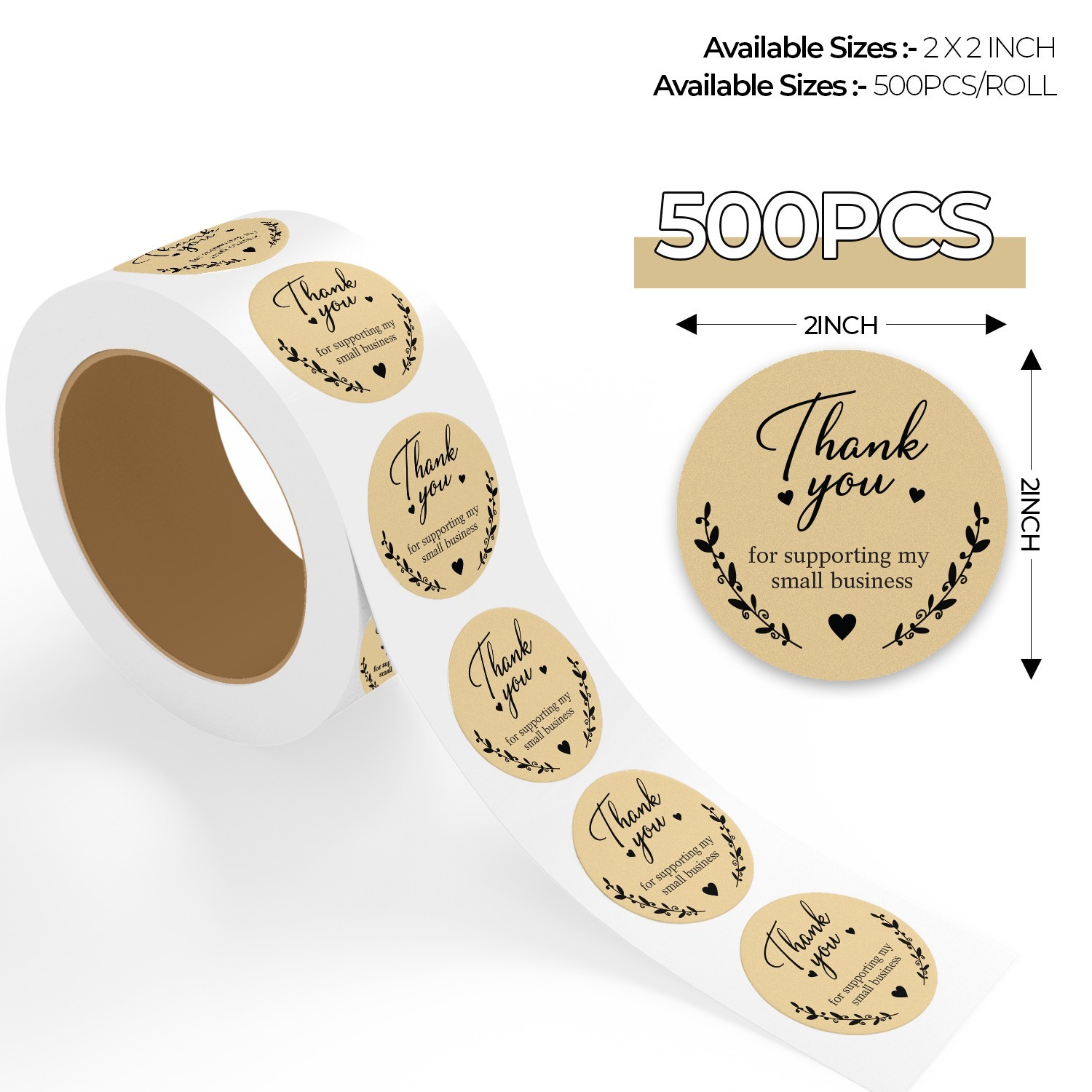 StickerJet Thank You for Supporting My Small Business Stickers 500 Pcs Roll 2x2"