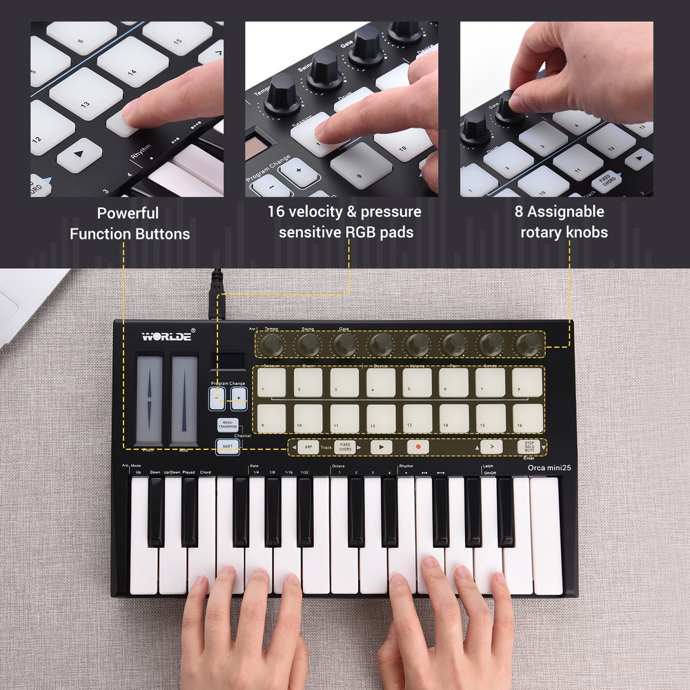 WORLDE 25-Key USB MIDI Keyboard Controller 16 RGB Backlit Trigger Pads R8I9