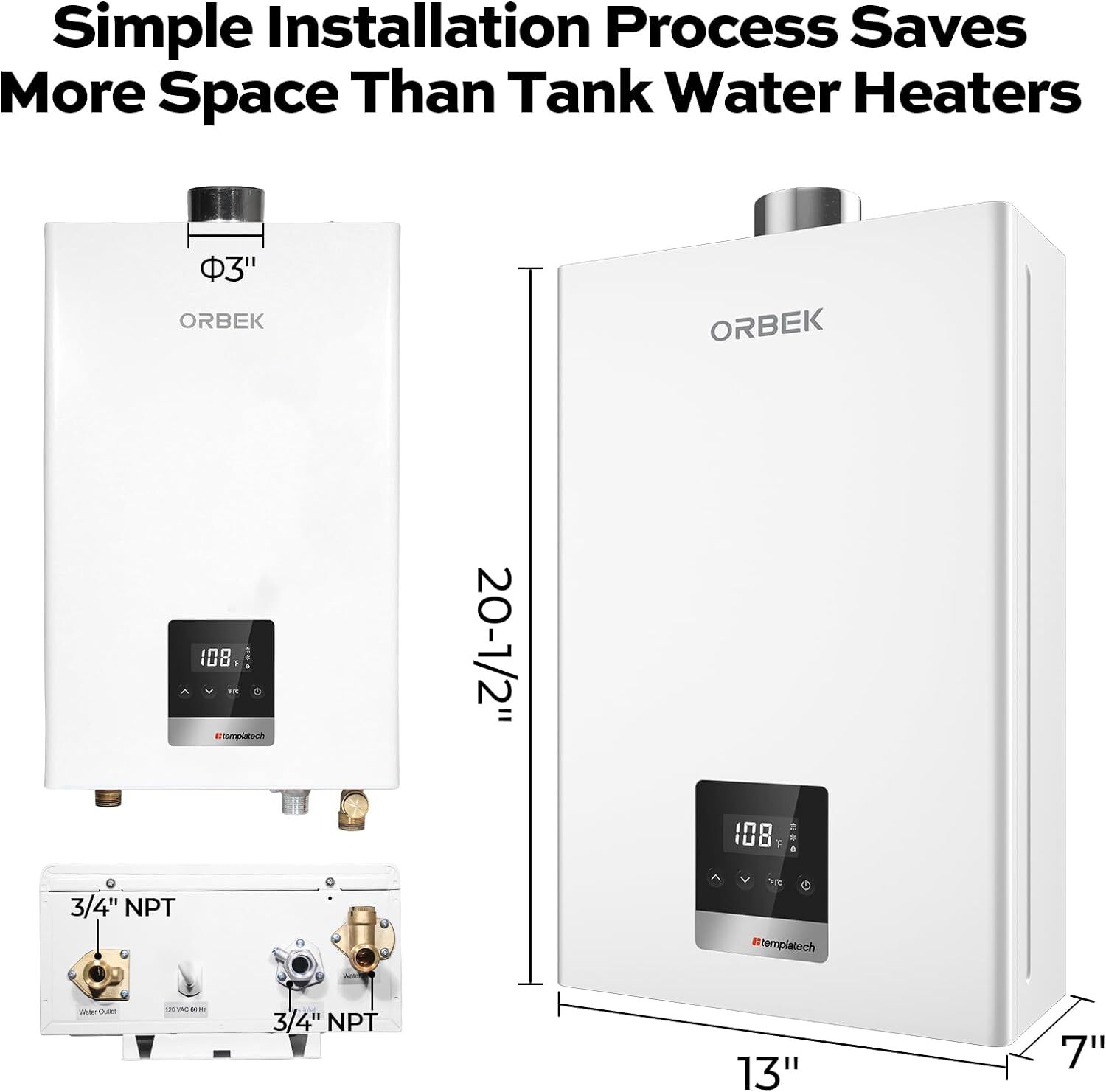 80,000 BTU Tankless Water Heater Propane Gas 3.6 GPM Indoor Instant Hot Water