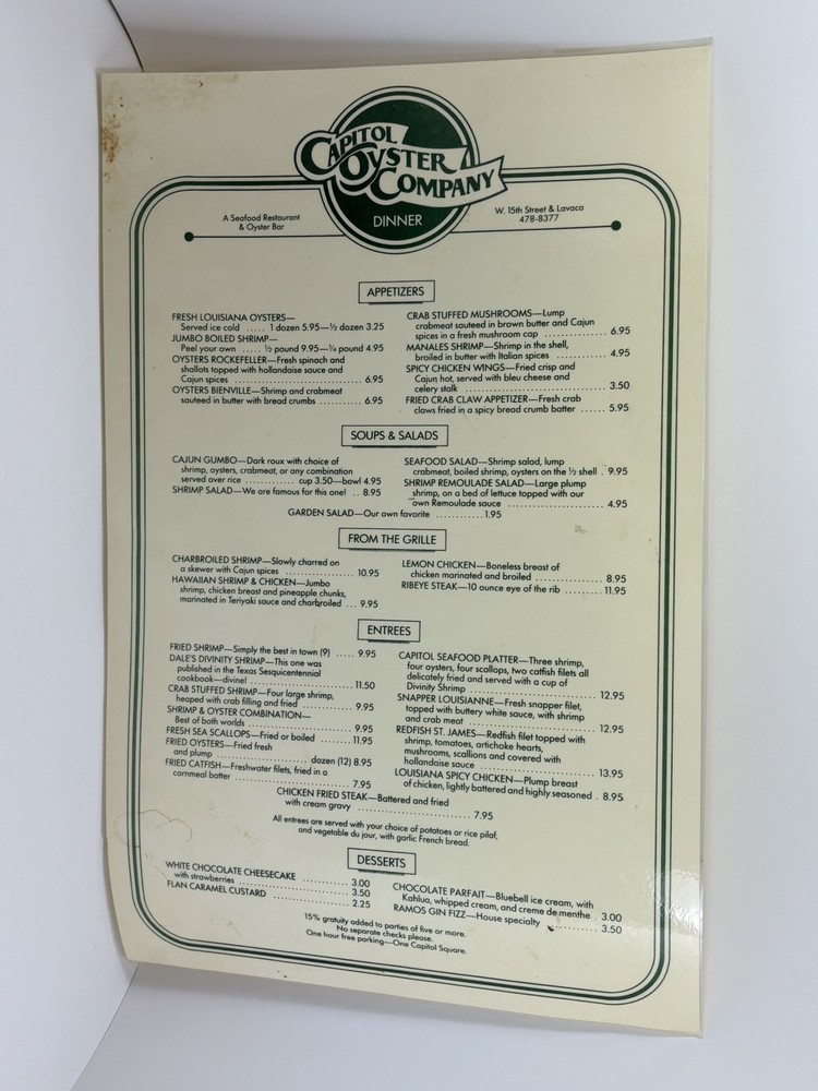 Vintage Capitol Oyster Company Restaurant Austin TX Menu