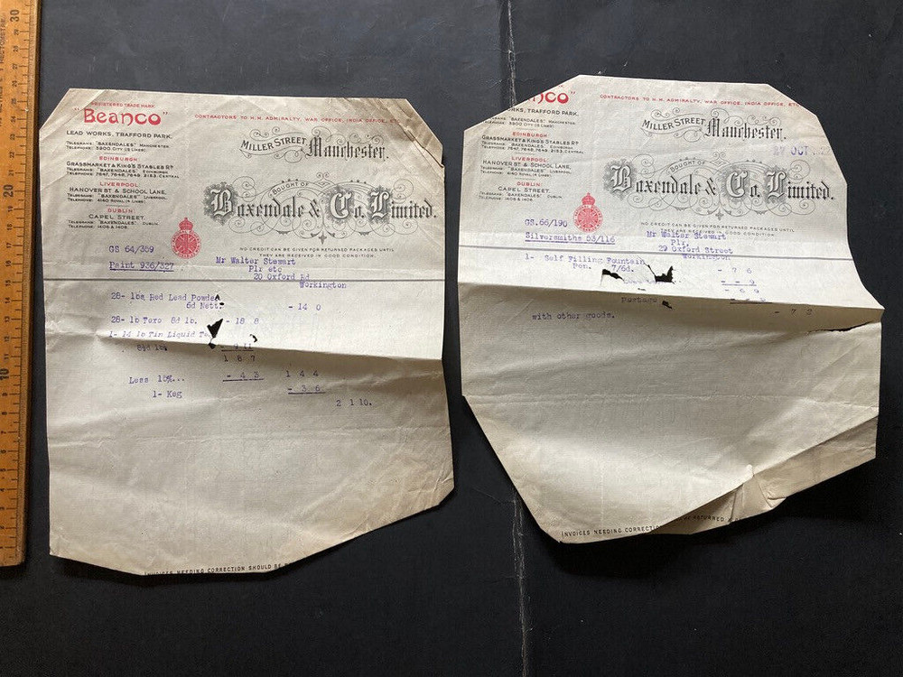 Two Baxendale & Co Manchester Beanco bill invoice advice