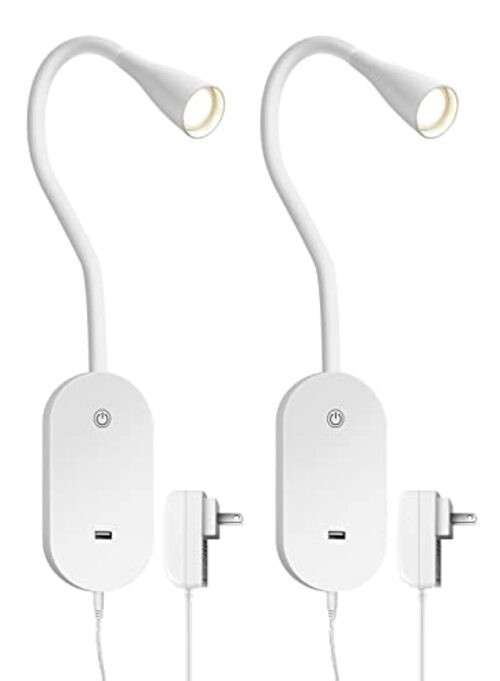 LED Wall Mount Reading Light for Bed, Reading Lamp with USB White-2 Pack