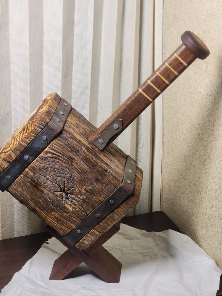 Thor's Hammer, Medieval Viking Solid Oak Head Walnut Handle With Display Stand