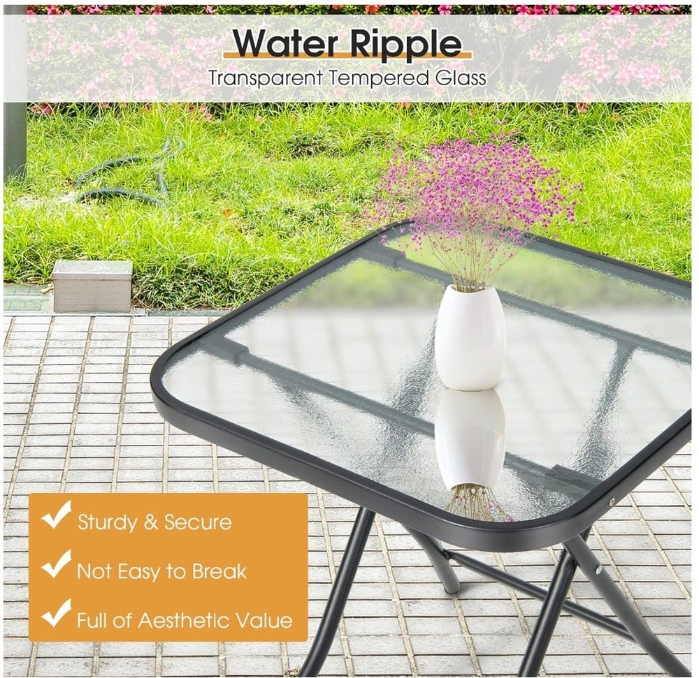 Folding Side Table, Square Small Patio Table,Tempered Glass Tabletop,Steel Frame