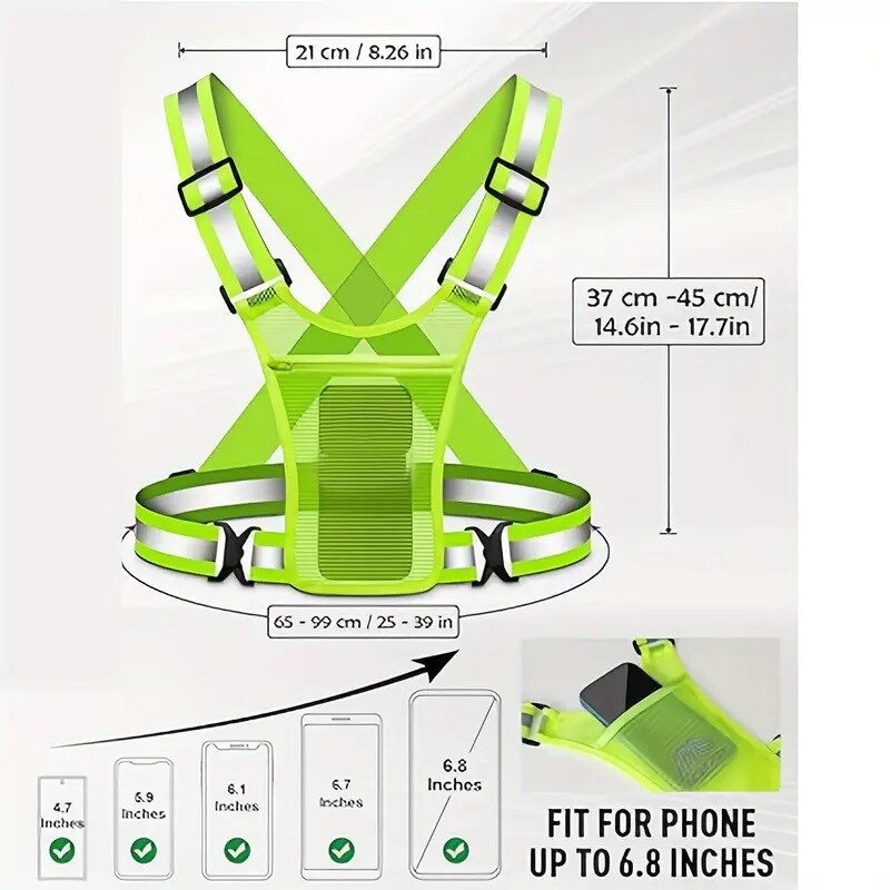 Unisex Hi-Viz Running Vest Chest Phone Holder/ 2 Reflective Bracelets