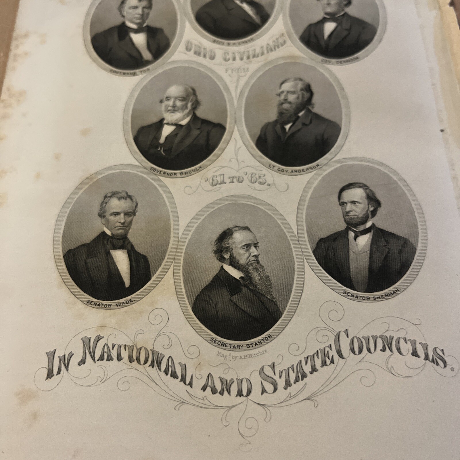 1867 Engraving Ohio Civil War Civilians Politicians Governor Tod Brough Dennison