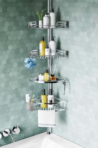 Corner Shower Caddy Tension Pole: Quick Installation 4-Tier Rustproof A-silver