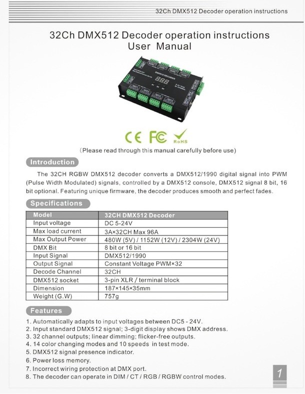 32Ch Rgbw Dmx512 Decoder 5-24V Automatic Voltage Adaptation Pwm Control