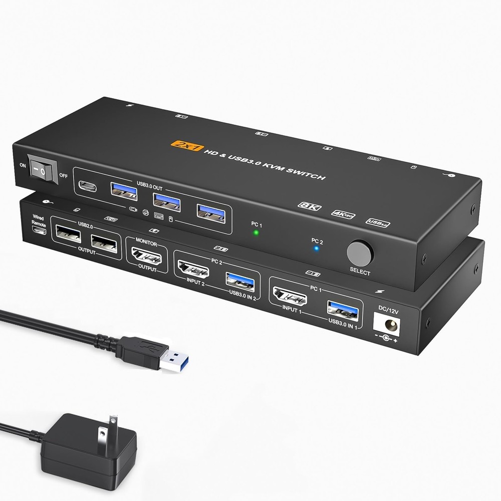 HDMI KVM Switch 1 Monitors 2 Computers 8K60Hz USB3.0 KVM Switch for 2 Compute...