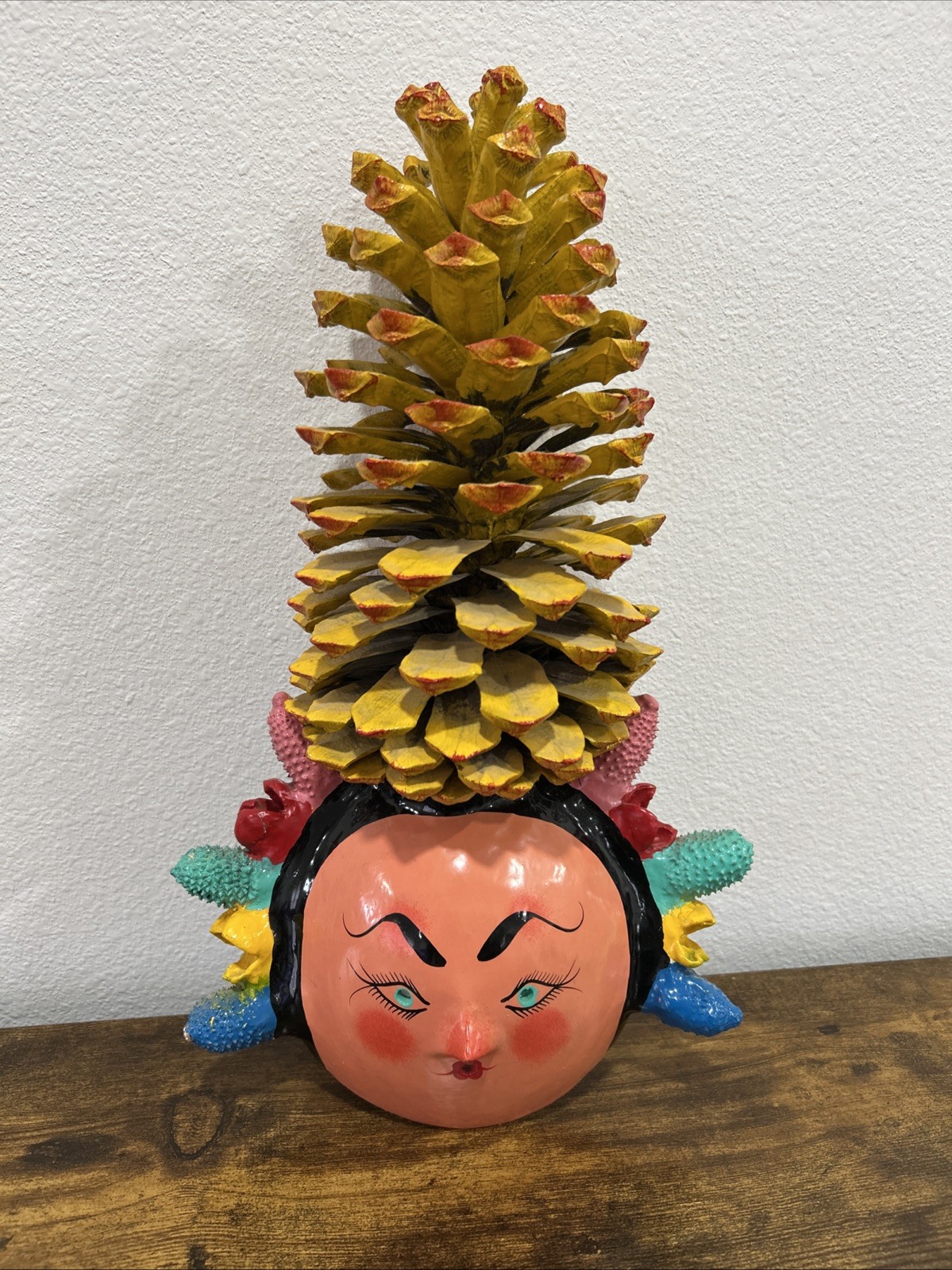 Rare Vintage Mexican Folk Art Coconut Mask With Cactus Seedpod Braids & Pinecone