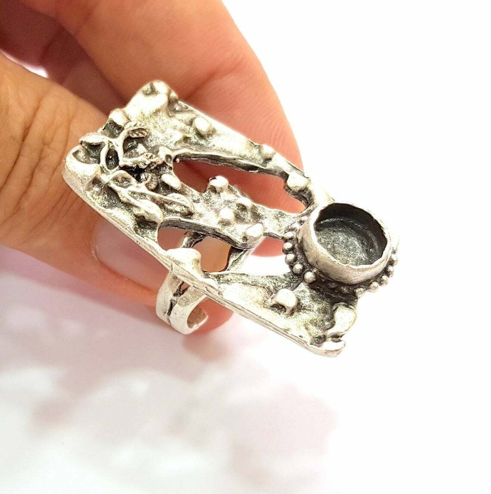 Ring Blank Base Bezel Settings Cabochon Adjustable Antique Silver Plated Brass