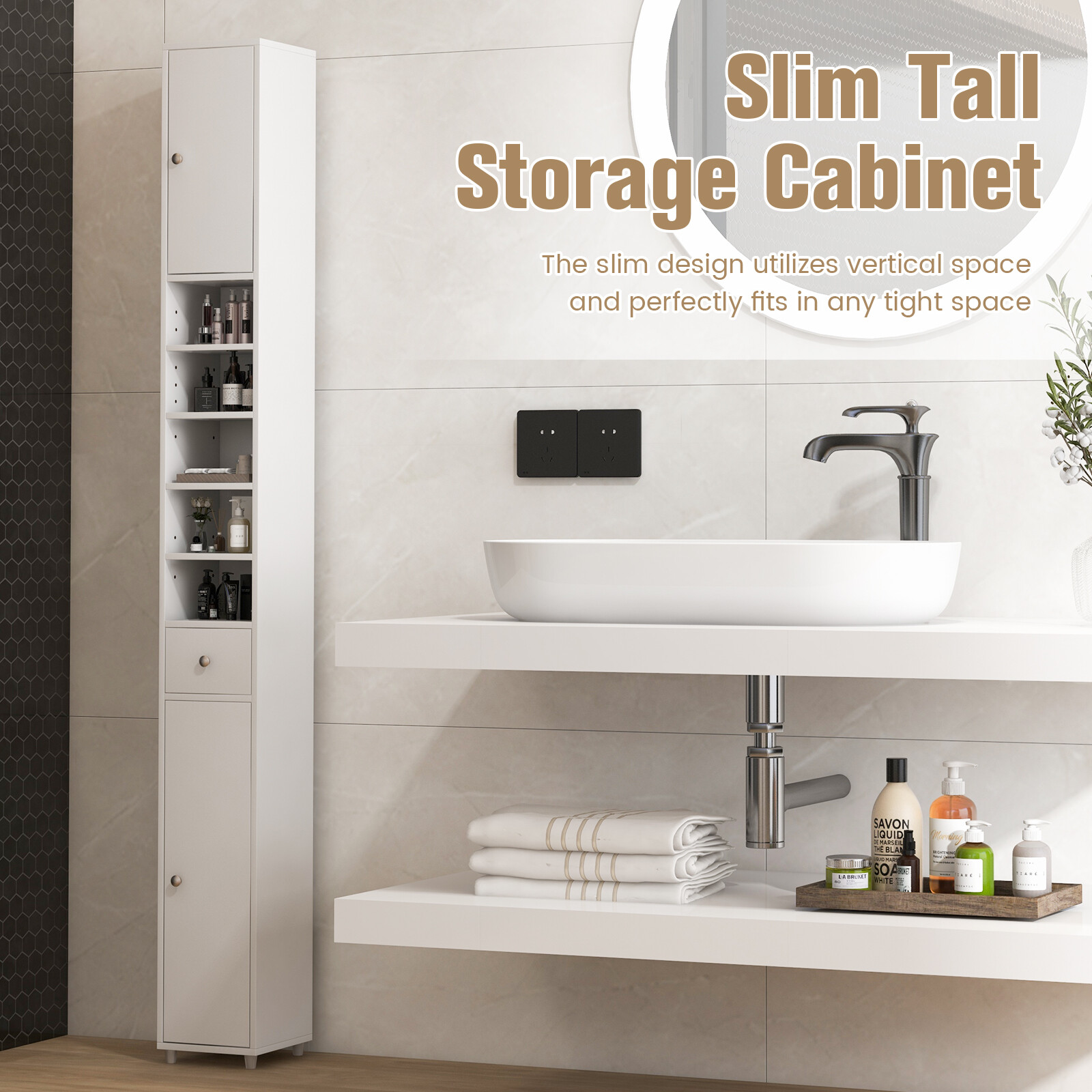 Tall Slim Bathroom Storage Cabinet Linen Tower w/ Drawer & Adjustable Shelves