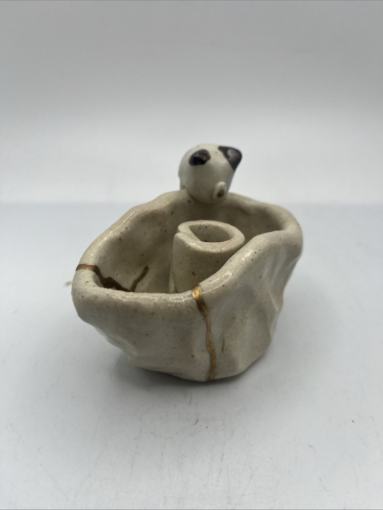 Genuine Kintusugi Ceramic Vase, Brass Decoration
