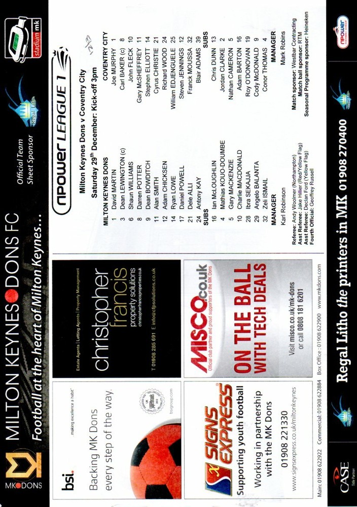 Team Sheet - MK Dons v Coventry City 29.12.2012