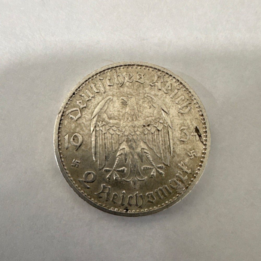 1934 E Germany 2 Reichsmark Silver Coin Third Reich