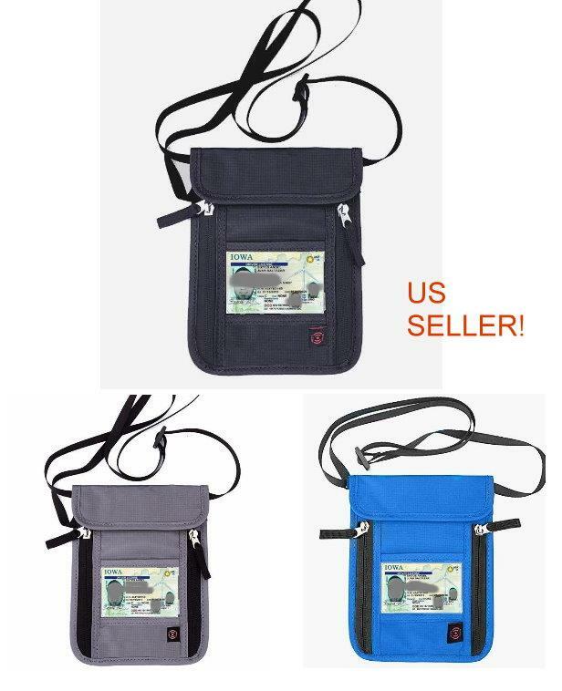 Travel Passport Holder Security Neck waterproof Pouch Wallet RFID Blocking BLUE