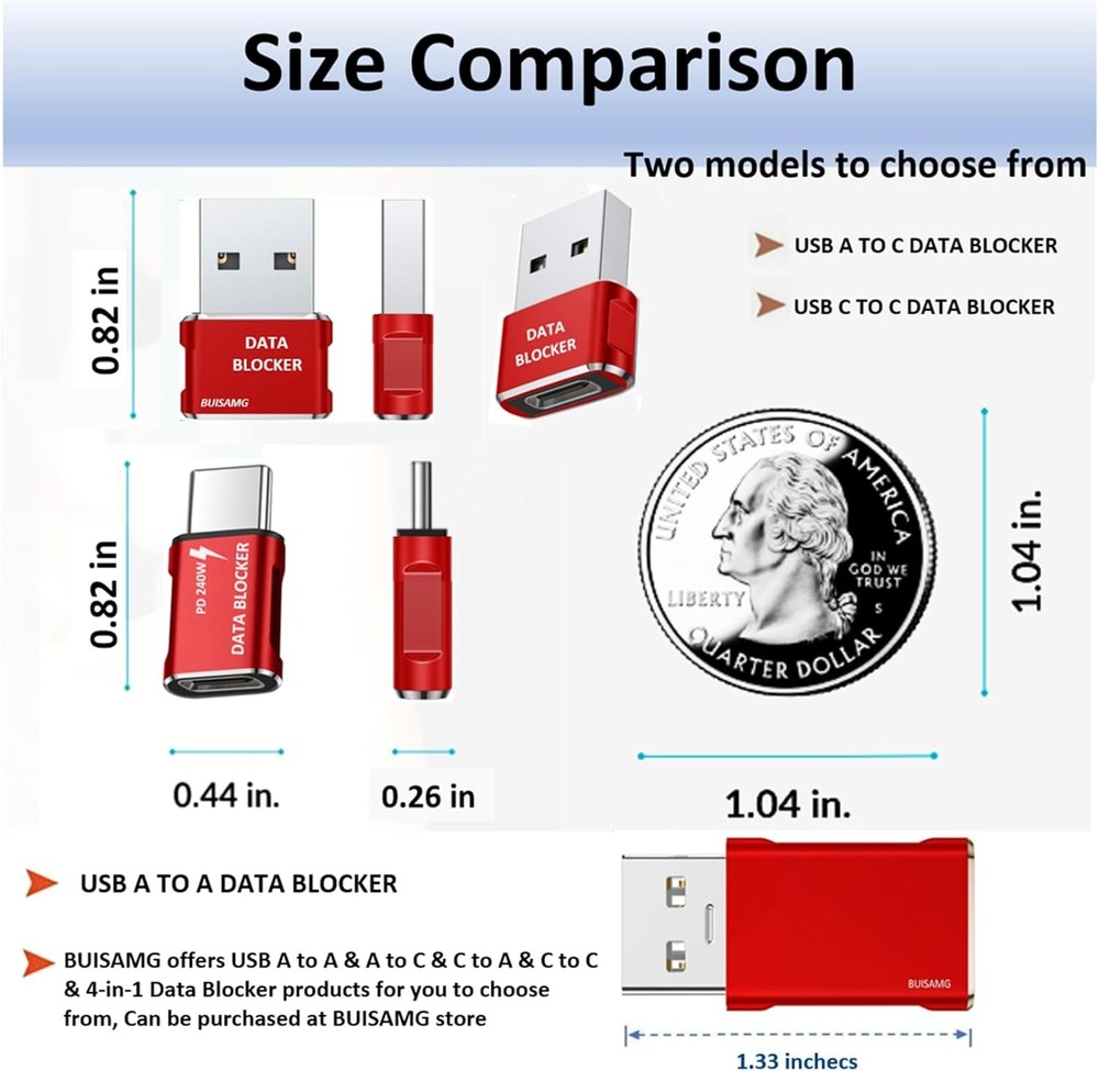 Data Blocker, USB A & C Blocker for iphone15 16 and Any C Red