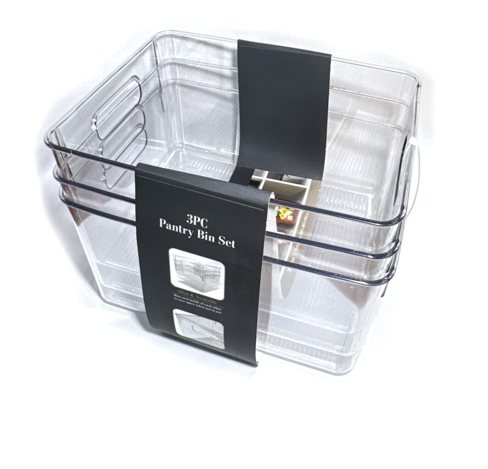 Pantry 3pc Rectangular Plastic Bin Set 11 x 8 x 6 Clear Durable BPA Free Plastic