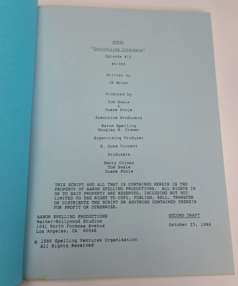 HOTEL / J.P. Brown 1986 TV Script, Morgan Stevens "Controlling Interests"
